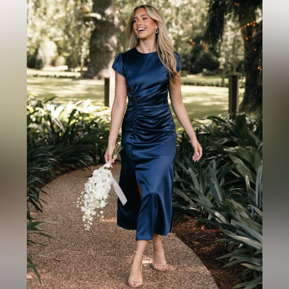 Lisbeth Ruched Satin Midi Dress-NWT